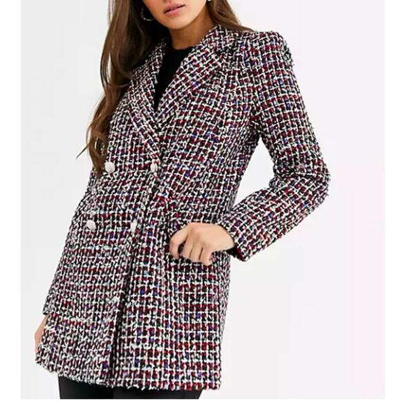 ASOS River Island Boucle Tweed Double Breasted Blazer Jacket Red Check Size 4 - Picture 2 of 11